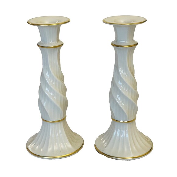 Lenox Richmond 8in Candlesticks Pair 24K Gold Trim Ivory Porcelain USA VTG - Picture 1 of 8